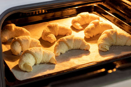Oven-baked sugar-frosted croissants on a baking sheet covered with parchment paper. Sweet bagels from a cottage cheese dough baked in a hot oven. The process of making curd bagels or croissantsの写真素材
