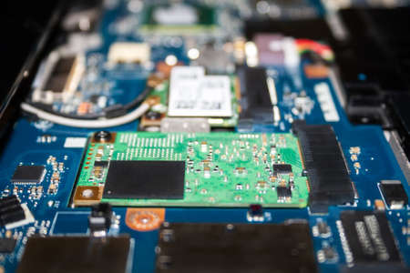 Closeup view of the mSATA SSD inside the laptopの写真素材