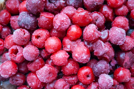 Red, maroon and pink berries of frozen cherries with hoarfrostの写真素材