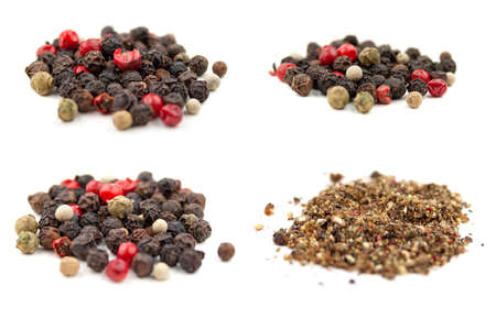 Set of four photos of a mix of four types of grain and ground pepper: black, white, pink, green. Isolated on white background. Selective focus. Closeup viewの写真素材