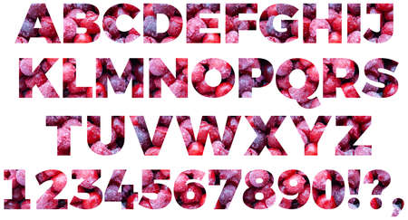 Full english alphabet set from frozen cherries. Letters and numbers isolated on white backgroundの写真素材