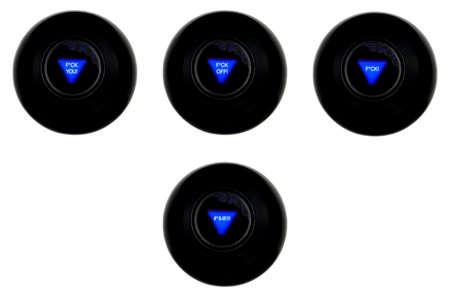Set of four magic eight balls angry negative predictions isolated on white backgroundの写真素材