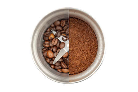 Collage of two photos of a steel coffee grinder, top view: with whole coffee beans and visible blades, and with ground coffee. Isolated on white backgroundの写真素材
