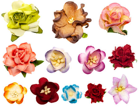 Set of twelve colored paper flowers for scrapbooking, isolated on white backgroundの写真素材