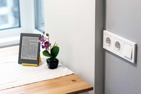 Group of white european electrical outlets and a switch located on a gray wall in a light modern kitchen with flower and e-book on the table by the window. Selective focusの写真素材