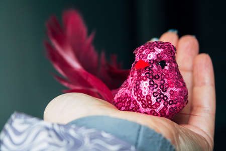 Pink textile bird with a body covered with a net and sparkles, a tail made of real feathers, black eyes and an orange beak in the palm of a female hand. Selective focusの写真素材
