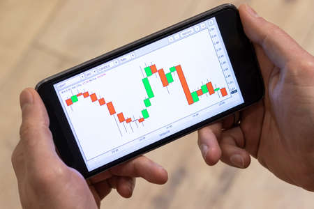 Red and green candle graph of WTI oil April 20, 2020, price change in smartphone in male hands....