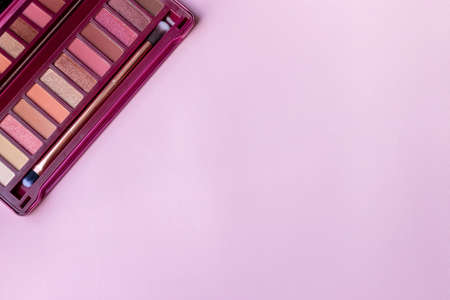 Colorful eye shadow palette in pink colors on a pink, lilac paper background with copy space. Professional color palette for eye makeup with matte and shimmer shadowsの写真素材