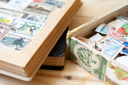 DNIPRO, UKRAINE - JUNE 04, 2018: Collection of postage stamps of different countries in the old box and stamp holder lying on a wooden tableのeditorial素材
