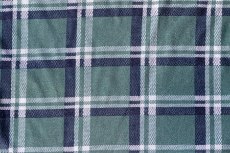 Cotton jersey, plaid checked fabric texture. Green blue white textile backgroundの写真素材
