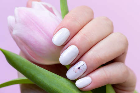 Female hand with beautiful manicure - white ivory nails with tulip on pink blurred background, closeup. Selective focusの写真素材