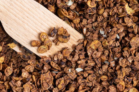 Organic homemade roasted granola cereal with oats, flax, almonds, chocolate and sunflower seeds with...