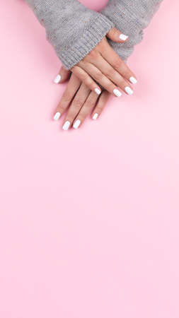 Female hands in gray knitted sweater with beautiful manicure - white nails on pink background, banner with copy space. Nail care concept, vertical banner for mobile devices and social mediaの写真素材