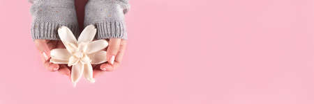 Female hands in gray knitted sweater with beautiful manicure - pink nude nails with white dried...