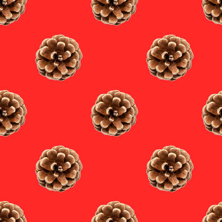 Dry pine cone seamless pattern isolated on red background. Symbol of Christmas and New Year. Autumn...