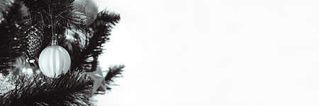 Silver white ball on decorated Christmas tree. Wide panoramic holiday banner with copy spaceの写真素材
