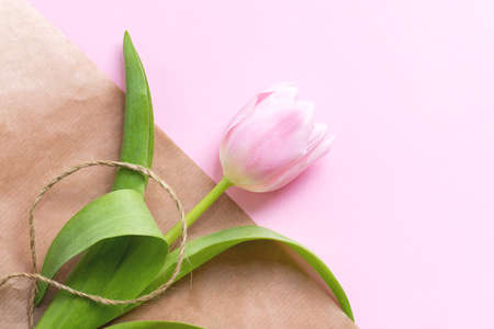 Beautiful delicate pink tulip flower and waxed cord on packaging craft paper background