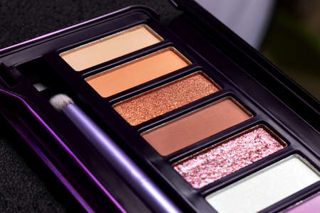 Colorful eye shadow palette on dark black background closeup. Color eyeshadow palette with brush for...