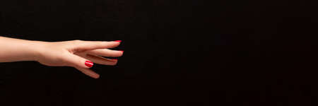 Female hand with beautiful manicure - red nails on dark black background with copy space banner. Wide panoramic headerの写真素材