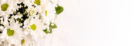 Bouquet of white chamomile chrysanthemums on white background banner with copy space. Wide panoramic header. Gift flowers basket for the holidayの写真素材