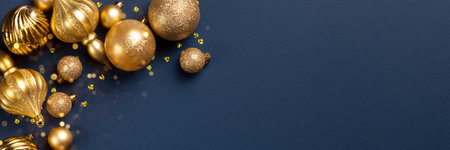 Christmas banner with golden glitter balls and toys on blue background with copy space. Wide panoramic headerの写真素材