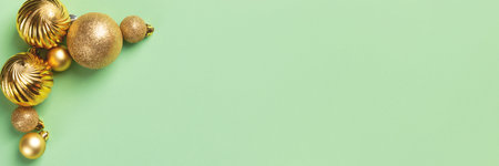 Christmas banner with golden glitter balls and decorations on green background with copy space. Wide panoramic headerの写真素材