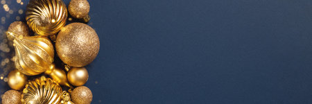 Christmas banner with golden glitter balls and toys on blue background with copy spaceの写真素材