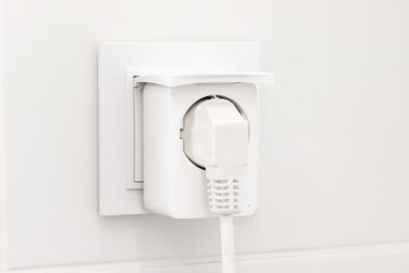 White european electrical outlet with smart plug inserted into it on modern bright bathroom with white tiled wallの写真素材