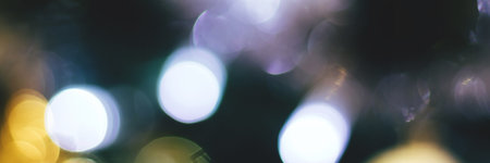 Blurred lights abstract background, banner texture. Defocused bokeh header. Wide screen wallpaper. Panoramic web bannerの写真素材