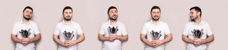 Collage of smiling happy bearded man with bouquet of wrenches, spanners and screwdrivers banner....