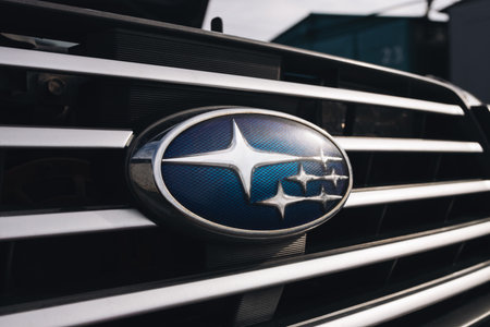 Subaru emblem on radiator grill. Kyiv, Ukraine - March 10, 2023のeditorial素材