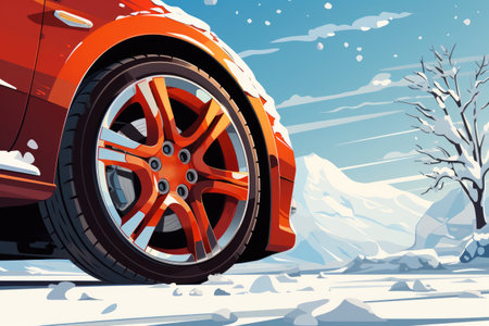Car with winter tires on snow covered road. Close-up on wheelsの素材
