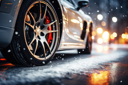 Car with winter tires on snow covered road. Blurred city landscape. Close-up on wheelsの素材