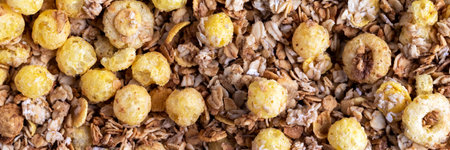 Organic roasted crispy granola cereal with oatmeal and flaxseed flakes and crunchy corn balls and rings banner. Top view muesli background texture panoramic web header. Wide screen wallpaperの写真素材