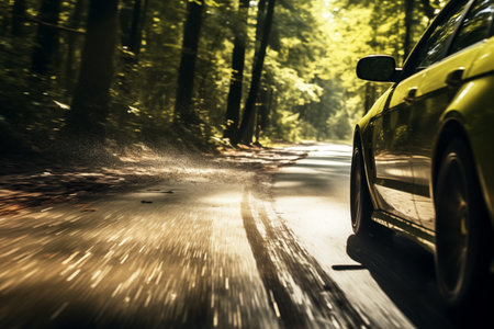 Car on forest highway road. Car trip, closeup side view.の素材