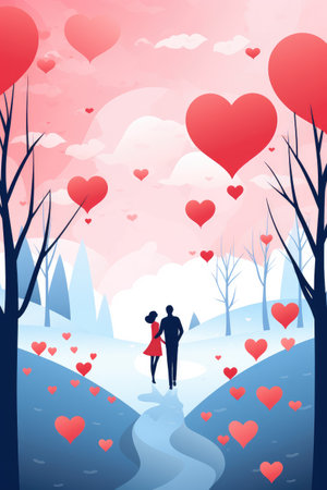 Valentine's Day card. Couple in love walks along the road among trees and hearts, minimalistic illustration.の素材