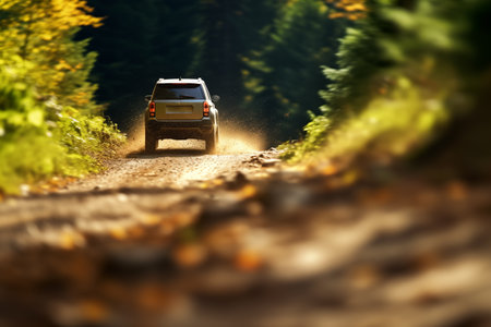 Car on forest highway road. Car trip, tilt-shift style.の素材