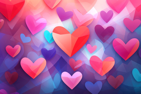 Colorful geometric shapes hearts pattern background. Valentines Day card.の素材
