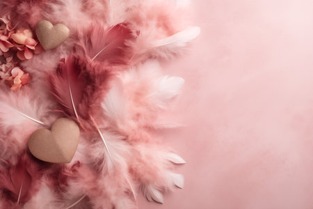 Delicate pastel pink composition of feathers, hearts and flowers on a smoky marble background with copy space. Valentines Day card.の素材