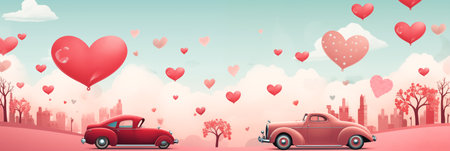 Valentines day banner with car and hearts in cartoon style of retro illustration. Panoramic web header. Wide screen wallpaper.の素材