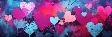 Abstract colorful wall scribble hearts pattern background banner, street art graffiti texture. Panoramic web header with copy space. Wide screen wallpaper.の素材