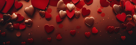Beautiful red and golden glitter hearts banner on dark background. Valentine's Day. Panoramic web header with copy space. Wide screen wallpaper.の素材