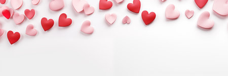 Red hearts on white background banner. Valentine's Day. Panoramic web header with copy space. Wide screen wallpaper.の素材