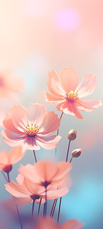 Beautiful minimalistic floral background with spring flowers, soft light, selective focus, smartphone wallpaper.の素材