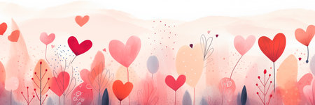 Valentines day watercolor abstract hearts background banner, delightful boho illustration, artistic doodle. Panoramic web header with copy space. Wide screen wallpaper.の素材
