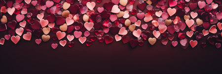 Beautiful red and pink glitter hearts and petals banner on dark burgundy background. Valentine's Day. Panoramic web header with copy space. Wide screen wallpaper.の素材