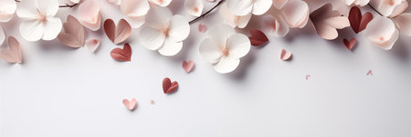 Delicate banner of hearts and flowers on white background. Valentine's Day. Mother's Day. Panoramic web header with copy space. Wide screen wallpaper.の素材