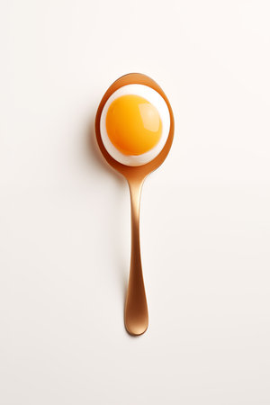 Egg yolk on spoon on white background, minimal food photography, overhead top view.の素材
