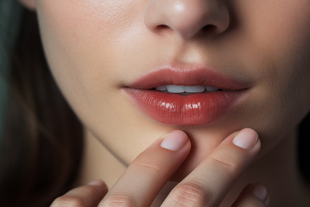 Beautiful woman face with hand with natural manicure.の素材