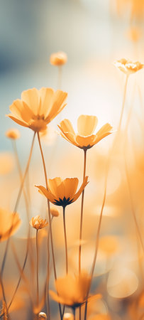 Beautiful minimalistic floral background with spring flowers, soft light, selective focus, smartphone wallpaper.の素材